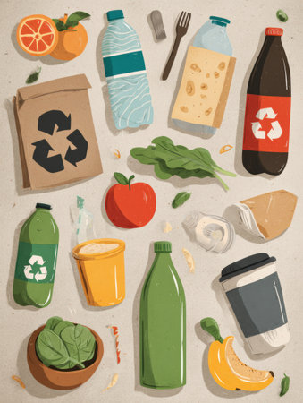 Infographic outlines seven tips for cutting plastic waste, promoting sustainability, and featuring recyclable items and food.の素材