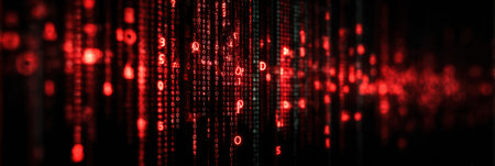 Glitching hacker code interface shows glowing red symbols amidst a dark background, with the upper third remaining clean and unaffected by the error.の素材