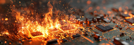 Circuit board igniting with error sparks, illuminating surroundings while parts of the left side remain unoccupied and dark, suggesting electronic malfunction.の素材