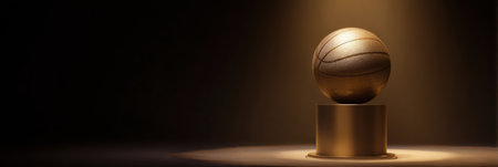 A golden basketball rests prominently on a pedestal, illuminated by a focused spotlight in a clean, dark background, highlighting its radiant surface.の素材