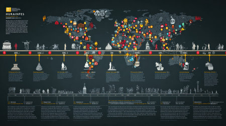 Detailed visual timeline presents significant milestones in human rights history, illustrating global events, symbols of peace, and notable protests over time.の素材