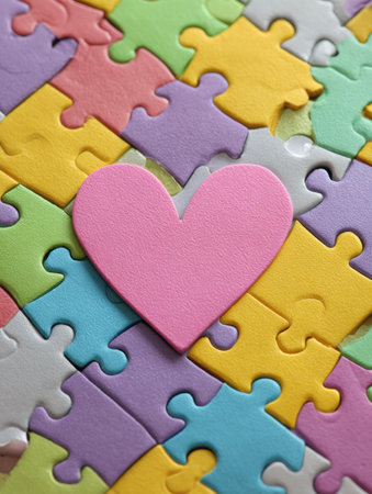 Colorful puzzle pieces arranged in a heart shape with a gap in the upper area, creating a whimsical representation of love and connection.の素材