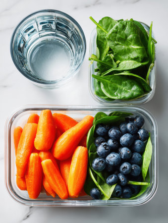 A vibrant assortment of carrots, spinach, and blueberries arranged neatly on a clean surface alongside a glass of water, highlighting a health-conscious choice.の素材