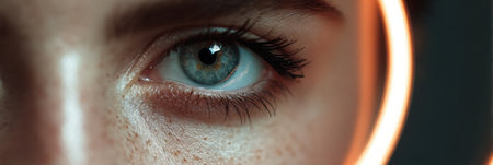 A close-up of a photographers eye featuring a glowing ring light reflection, showing vibrant colors and clarity against a clean background.の素材