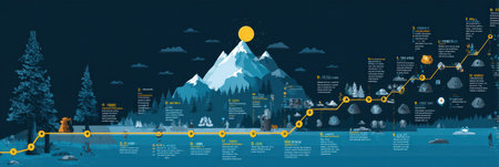 This informative infographic illustrates a step-by-step hiking safety guide, featuring mountain icons and tips for a secure mountain trail adventureの素材