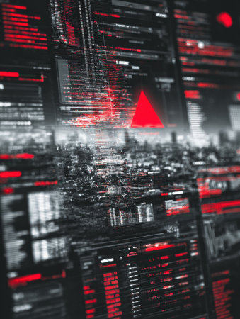 Glitching hacker-themed interface displays neon red alerts and complex data overlays against a digital landscape, creating a high-tech atmosphere.の素材