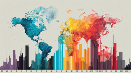 This infographic presents a colorful world map illustrating plastic pollution statistics by region, enhanced with bar graphs for clarity.の素材