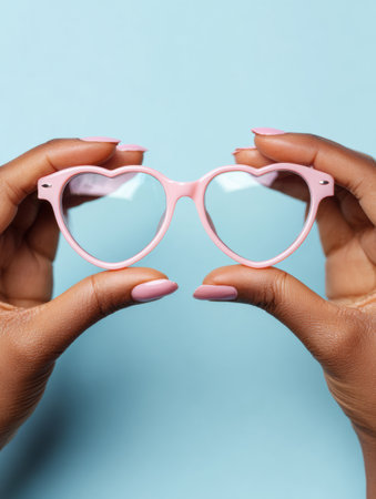 Hands grasp heart-shaped eyeglasses showcasing a pastel backdrop that accentuates the playful and whimsical nature of the accessoryの素材