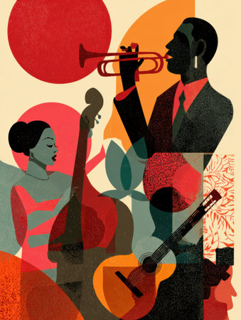 This graphic highlights Hispanic artists with musicians on trumpet and guitar, plus a female figure on double bass and bright colors.の素材