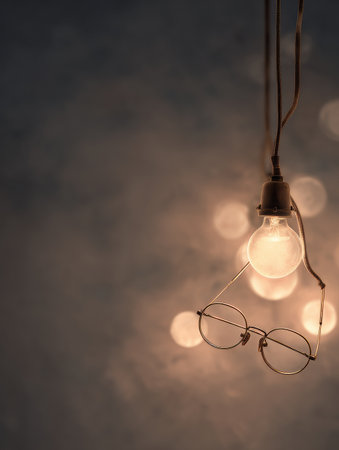 Warm light illuminates glasses hanging from a reading light, adding a cozy touch to the evening ambiance in a serene indoor setting with a soft background.の素材