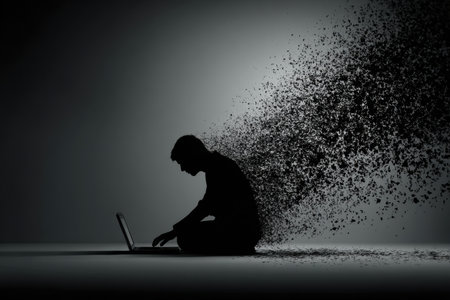 A silhouette of a frustrated user interacts with a crashing laptop, creating a sense of chaos and despair in a minimalistic environment.の素材
