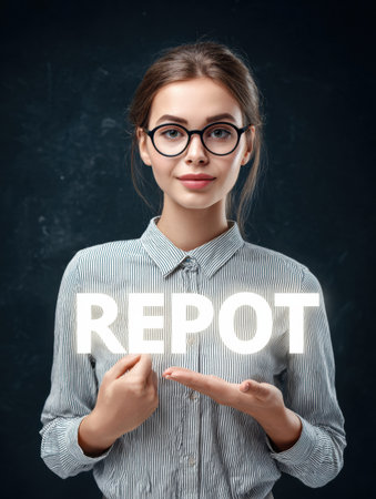 Young girl with glasses presents a glowing report button, showcasing a confident expression in a minimalistic setting with a dark backdrop.の素材