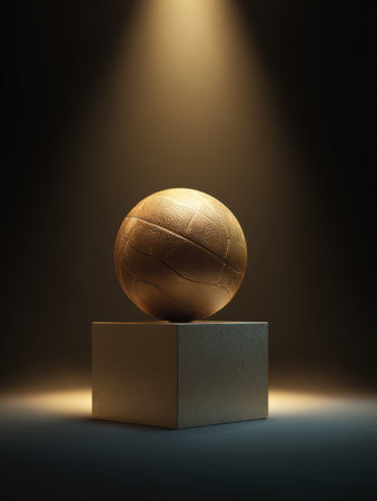 A golden basketball on a pedestal glimmers in the spotlight against a dark background, making for an impressive display.の素材