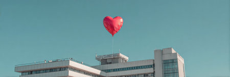 A large heart-shaped balloon hovers over a hospital building under a bright blue sky, symbolizing hope and love for patients and healthcare workers.の素材
