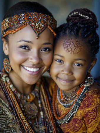 Celebration of heritage month with two individuals wearing traditional attire and accessories, reflecting cultural pride and unity during an office eventの素材
