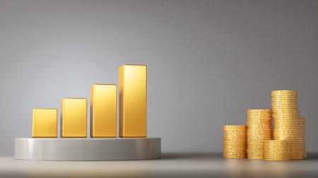 A podium displays ascending gold bars and stacked coins, symbolizing wealth growth and financial investment.の素材
