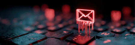 A red phishing symbol drips over a holographic keyboard, emphasizing the risks of cyber attacks and the need for online safety.の素材