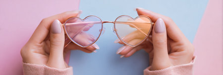 Two hands gracefully hold heart-shaped eyeglasses against a soft pastel background, showing a blend of pink and blue colors in a striking and playful manner.の素材