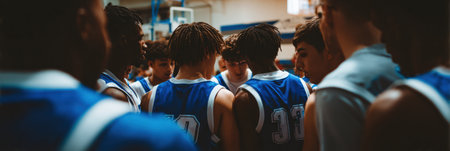 Players in team uniforms huddle closely to discuss strategy and teamwork during a basketball practice inside a gymnasium with a blurred background.の素材