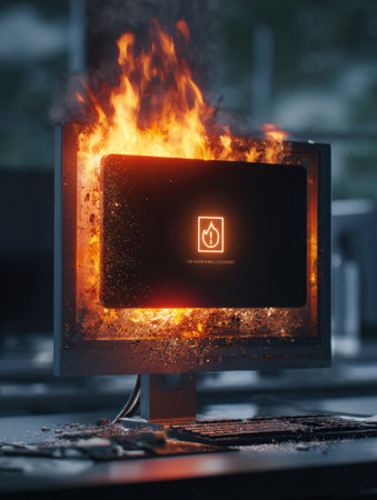 A monitor is on fire, displaying a critical failure message while the upper third remains open, revealing internal components in a dimly lit workspace.の素材