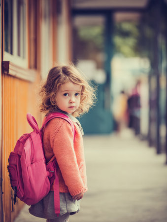 A young child stands outside a school building, ready for the first day, holding a pink backpack and looking curiously at the surroundings.の素材