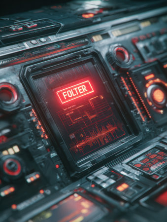 Control panel highlights a system failure alert, showing red warning and an unoccupied top zone while various controls and indicators surround it.の素材