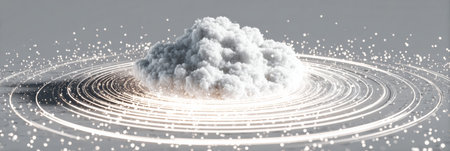 A data cloud is visually enclosed by multiple firewall rings, illustrating advanced security protocols for personal information in the digital age.の素材
