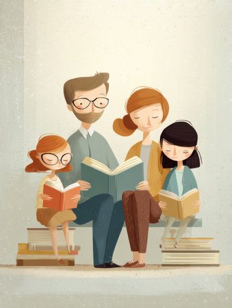 Family members bond over reading, sharing books, sparking discussions, and nurturing a love for literature in a cozy setting.の素材