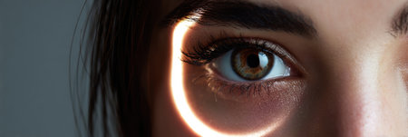 A captivating reflection of a glowing ring light appears in the eye of a photographer, enhancing the artistic vibe while shooting in a minimal setting.の素材