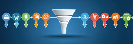 This infographic shows an e-commerce funnel with arrows illustrating customer journey stages and conversion strategies.の素材