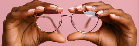 Heart-shaped eyeglasses are carefully held by hands against a pastel backdrop, creating a whimsical and fashionable statement for a trendy look.の素材