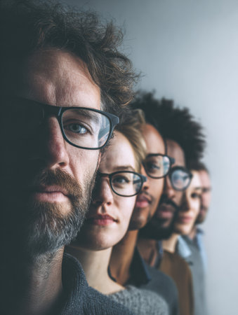 A diverse group in glasses stands united, showcasing collaboration against a softly faded backdrop that enhances their focus.の素材
