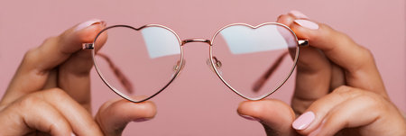 Two hands grip gently heart-shaped eyeglasses, showcasing a soft pastel backdrop while creating a light and whimsical atmosphere ideal for celebrationsの素材