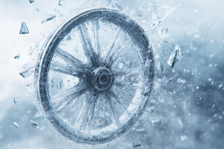 A loading wheel is frozen in motion, surrounded by a fractured digital background with a minimalist layout, depicting an intriguing visual contrast.の素材