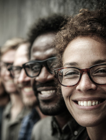 A diverse group of individuals wearing glasses stands together, showing casing smiles and unity, with a softly faded background enhancing their connection.の素材