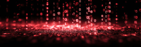 Glowing red symbols dominate the hacker code interface, indicating failures while the upper section remains clear.の素材