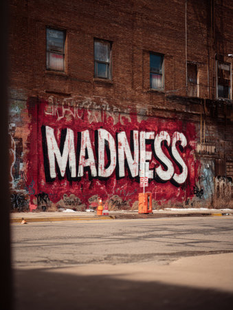Colorful graffiti art features the word Madness prominently on a brick wall, set in an urban backdrop with makings of city life in the foreground.の素材