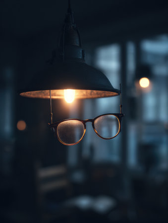 Glasses dangle from a reading light, casting a warm glow in a dimly lit room, enhancing the tranquil evening vibe and empty upper space.の素材