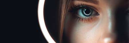 A ring light casts a luminous reflection in the photographers eye, highlighting the clean visual space surrounding the subject in focus.の素材