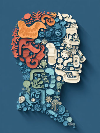 An artistic representation showcases how gut health influences mental clarity, emphasizing the interconnectedness of body and mind through colorful elements.の素材
