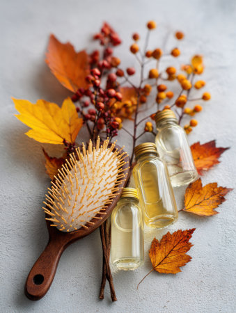 A hairbrush rests near natural shampoo bottles, complemented by vibrant autumn leaves, offering a cozy seasonal aesthetic perfect for self-care.の素材
