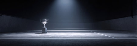 A spotlight focuses on a minimalist trophy positioned prominently on an empty court, creating an impactful visual for promotional uses in sports.の素材