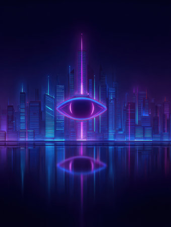 A unique cityscape showcases an eye-shaped structure amid colorful neon outlines, reflecting on water at nighttime, creating a captivating atmosphereの素材