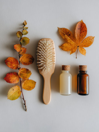 Hairbrush sits alongside colorful autumn leaves and two natural shampoo bottles, creating a serene and inviting atmosphere perfect for self-care.の素材