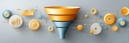 Funnel visualization displays stages of e-commerce strategy using a clean design with arrows.の素材