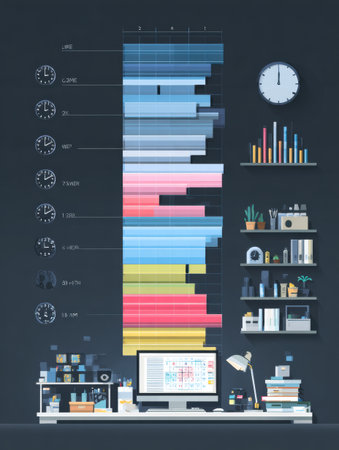 An infographic showcases time blocking strategies for productivity, highlighting a detailed schedule and an organized workspace with tools and decor.の素材