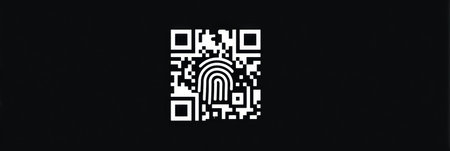 A QR code and fingerprint symbol appear, warning of potential fraud and highlighting the need for digital security.の素材