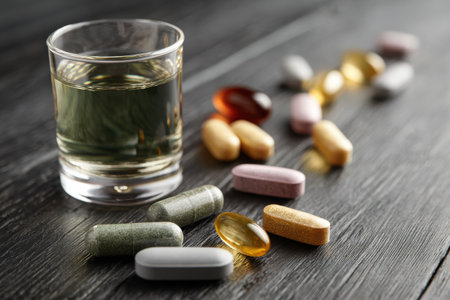A glass of vitamin drink sits next to various immune support supplements on a wooden surface, highlighting a focus on health and wellness.の素材