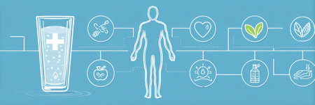Infographic displays a glass of water along with a body outline and clear icons illustrating the numerous benefits of proper hydration on health.の素材
