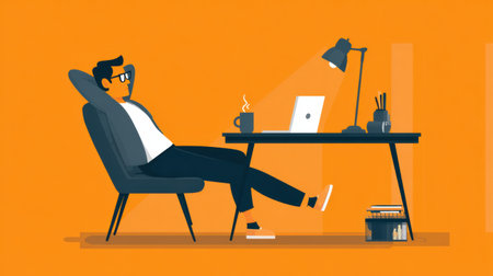 A relaxed entrepreneur sits comfortably in an office chair, enjoying a coffee while working on a laptop in an inspiring workspace filled with tools of success.の素材